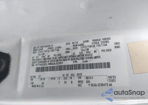 2011 Ford E-250 Commercial from USA, damaged, VIN 1FTNE2EL9BDA10351